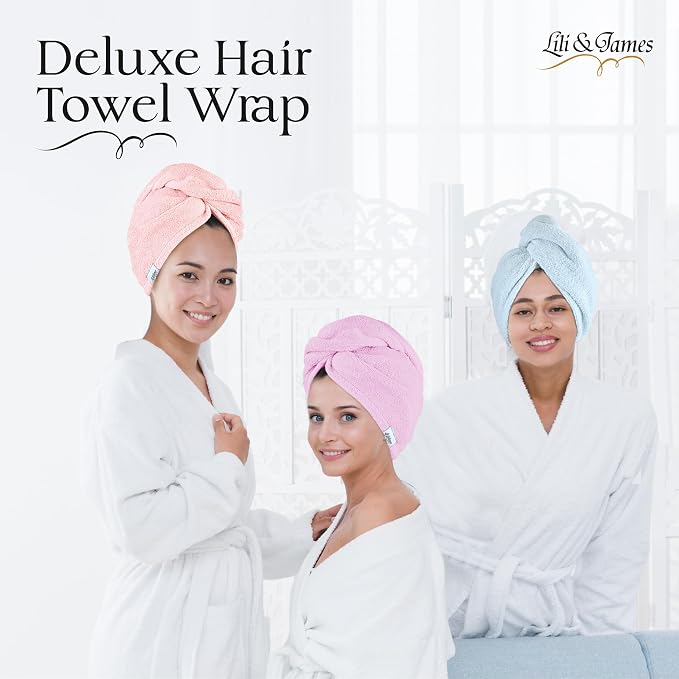Lili&James 100% Cotton Hair Towel Wrap for Women & Kids – 420 GSM Quick Dry Hair Turban with Double Button Loop, Anti Frizz Non Microfiber Hair Drying Towel for Long & Thick Hair (Blue+Pink+Aqua)