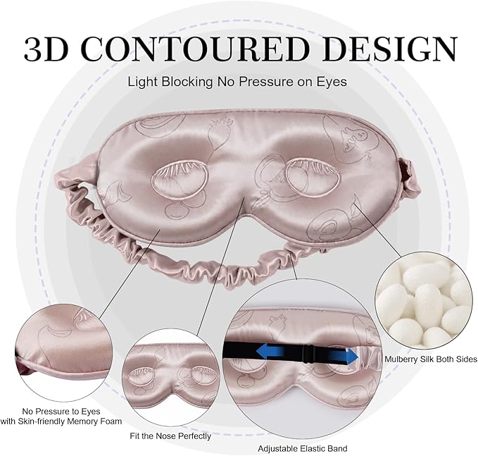 ZIMASILK 22 Momme 100% Mulberry Silk Sleep Mask, 3D Contoured Cup Eye mask Blindfold, Super Soft & Comfortable Sleep Eye Mask for Sleeping(Pink - Fruit Line Art)