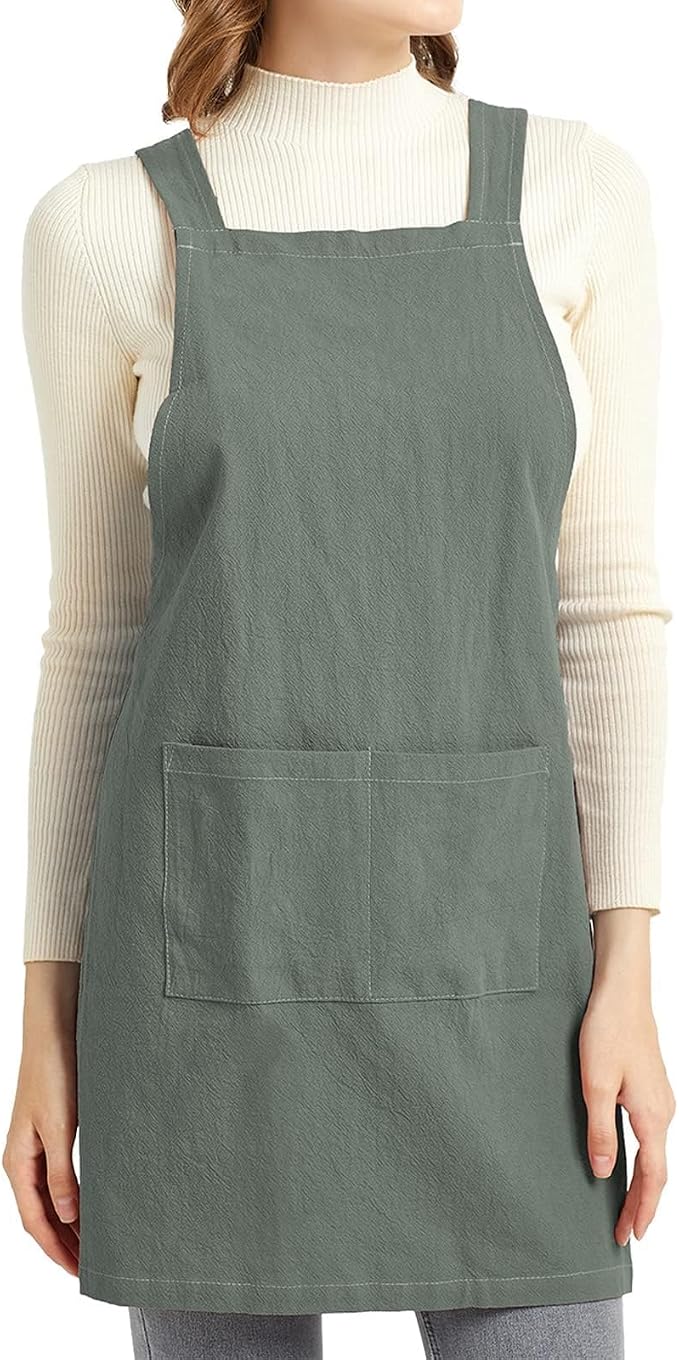 ELEZAY Aprons for Women with Pockets Plus Size Comfort Cross Back No Tie Cotton Linen Apron Pinafore