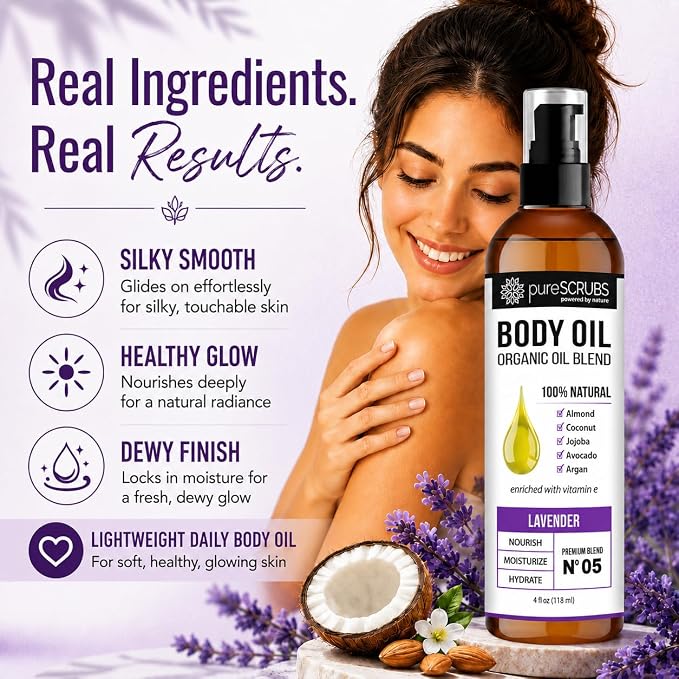pureSCRUBS Ultra Moisturizing Lavender Body Oil for Dry Skin, 4 oz | Luxurious After Shower Body Oil for Soft, Silky, Glowing Skin, Non-Greasy, Fast Absorbing & Hydrating Formula with Vitamin E