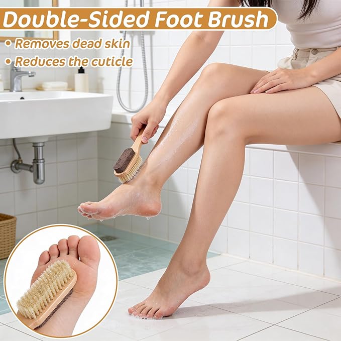 6PCS Dry Brushing Body Brush Set, Long Handle Dry Brush for Lymphatic Drainage Cellulite Treatment, Wooden Bristle Face Scrub Brush with Pumice Stone, Bath Brushing Exfoliating Back Brushes