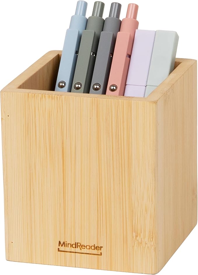 Mind Reader Pen Cup, Accessory Holder, Desktop Organization, Office, Bamboo, 3.5"L x 3.5"W x 3.875"H, Brown