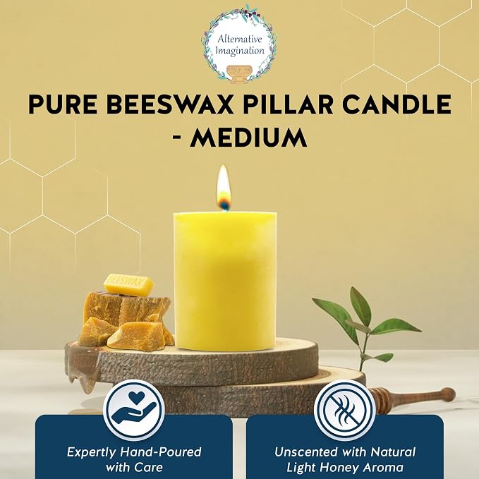 100% Pure Beeswax Candle – Long Lasting Burn – Non-Toxic & Hypoallergenic – Natural Honey Aroma – Handcrafted – Sustainably Sourced – Alternative Imagination – 3x4 Inch – Natural Yellow