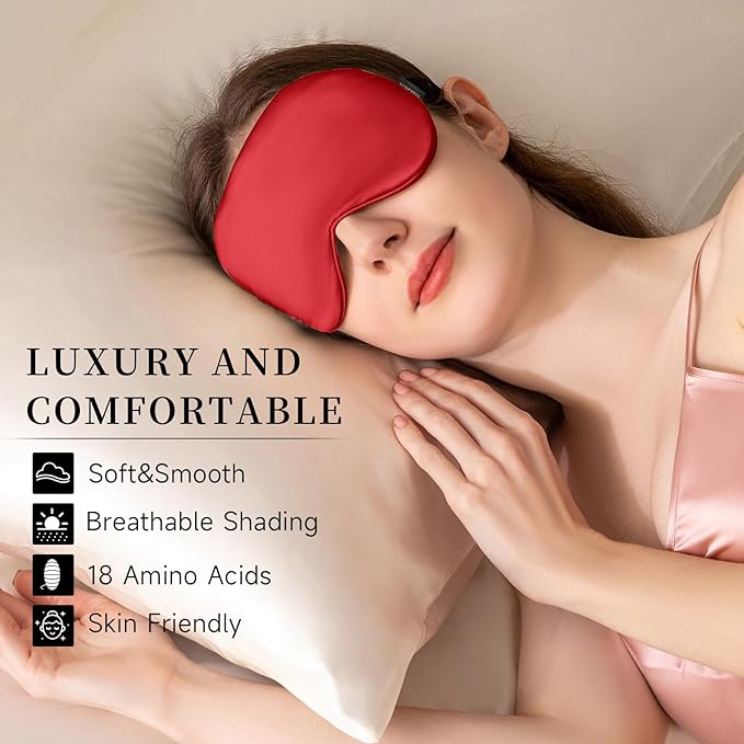 THXSILK Sleep Mask 100% 19 Momme Pure Mulberry Silk Super Smooth Cooling Sleep Eye Mask Blackout for Women/Man/Kids Eye Cover with Wide Head Strap Good Night Sleep Comfortable Travel and Nap, Red