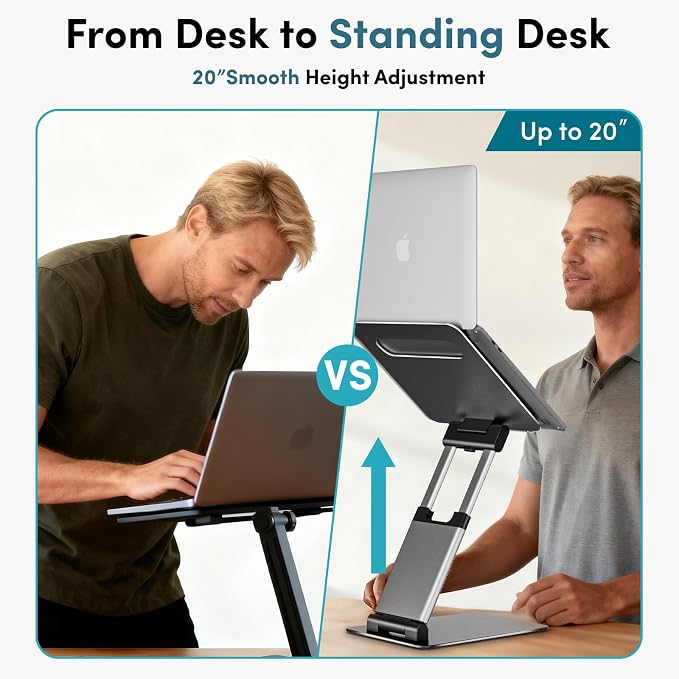 Lifelong Aluminum Adjustable Laptop Stand, Extra Tall 20" Riser, Grey | Ergonomic Portable Foldable Computer Stand, Fits 10-17” Laptops for Office Meetings, Teamwork & Desk Setup