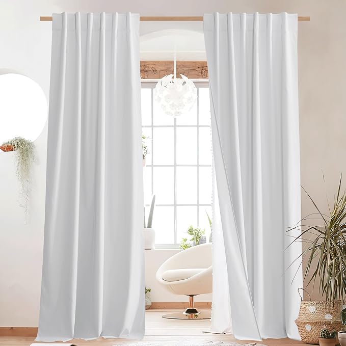 NICETOWN Rod Pocket 100% Blackout Linen Curtains for Living Room with Thermal Insulated Liner, White, 52" Wide, Long Curtains 95" Long 2 Panels Set, Thermal Insulated Privacy Drapes for Bedroom