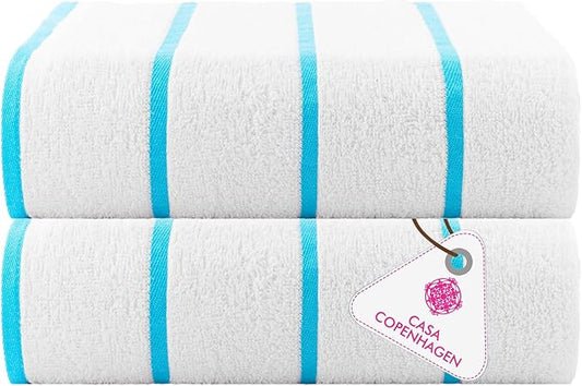 CASA COPENHAGEN Cabana Pool 2Pcs 100% Egyptian Cotton XL Designer Bathsheet Beach Towels Gift Set- White Cyan, 500GSM, 35"x70", Bath Sheet Beach Towels (Box Pack, Set for Women & Men)