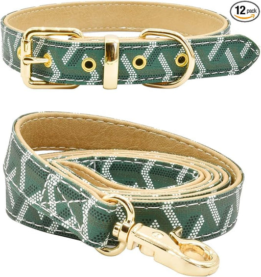 Leather Dog Collar and Leash Set, Check Pattern Dog Collar Leashes Metal Buckle Adjustable Durable for Small Medium Large Dogs (Green, M(11.8-15IN))
