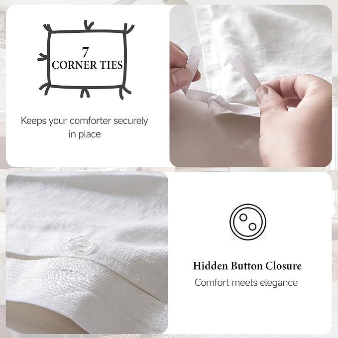 QKTE French Linen Duvet Cover Set, 3 PCS Natural French Flax White Duvet Cover King Size, Breathable Soft Comfy Linen Bedding Comforter Cover with 2 Pillowcases(White, 104" x 92")
