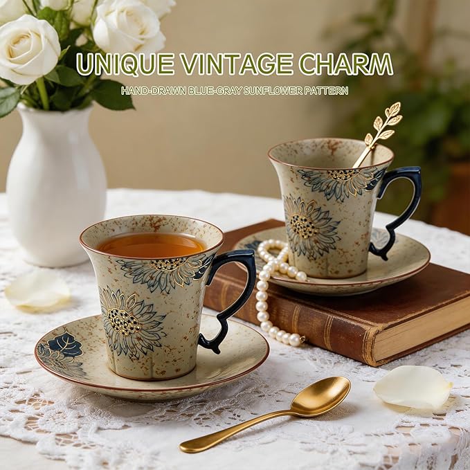 Handmade Sunflower Espresso Cups, Vintage Ceramic Coffee Mug with Saucer, Novelty Tea Cup Set of 1, Dishwasher & Microwave Safe Demitasse for Coffee, Latte, Americano, Tea, 6 oz