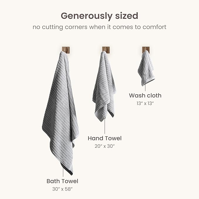 BIOWEAVES 100% Organic Cotton 6-Piece Luxury Bathroom Ribbed Towel Set GOTS Certified 700 GSM, 2 Bath Towel, 2 Hand Towel & 2 Wash Cloths - Lunar Rock