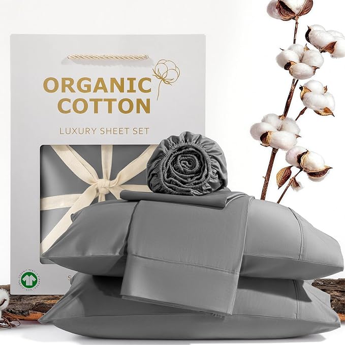 SONORO KATE 100% Organic Cotton Sheets Set - 1000 High Thread Count, GOTS Certified Long Staple Cotton Bed Sheets, Soft, Breathable 5-Star Hotel Sheets, 16" Deep Pockets - 4 PC (Grey,Queen)