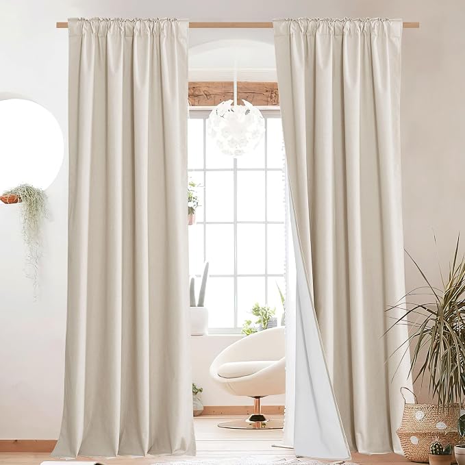 NICETOWN 100% Blackout Linen Curtains for Living Room with Thermal Insulated White Liner, W52 x L84, 2 Panels, Rod Pocket & Back Tab Retro Vertical Drapes Privacy for Bedroom, Champagne