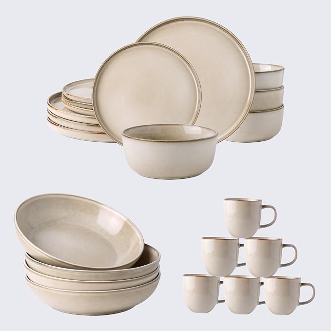 AmorArc Stoneware Dinnerware Sets & Pasta Bowls & Coffe Mugs,Service for 4 (22pc)