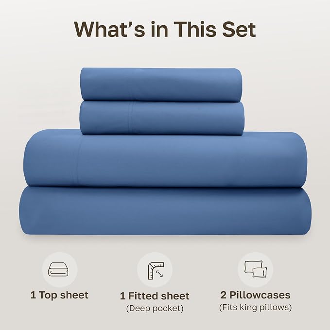California Design Den Soft 100% Organic Cotton Bed Sheets King Size Set - Crisp and Cool Percale, Deep Pocket Organic Sheets with Anti-Skid Elastic, Breathable and Durable Bedding Set - Riviera Blue