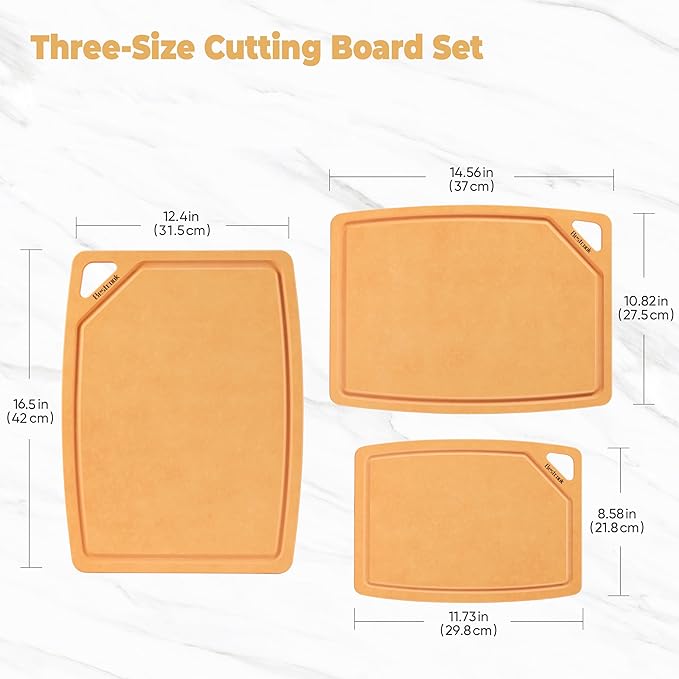 BESTCOOK Wood Fiber Cutting Board Set of 3, Composite Chopping Boards with Juice Groove, Dishwasher Safe, Non-Toxic, BPA-Free, Non-Porous, Non-Slip Feet, Durable for Cutting Meat, Vegetables, Fruit