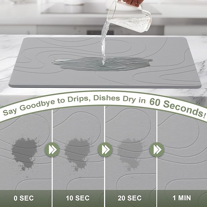 Large Stone Drying Mat for Kitchen Counter, 24" × 16" Diatomite Dish Drying Mat, Quick Dry Stone Mats, Ultra Absorbent Natural Diatomaceous Earth Mats for Dished, Bottles, Dark Grey