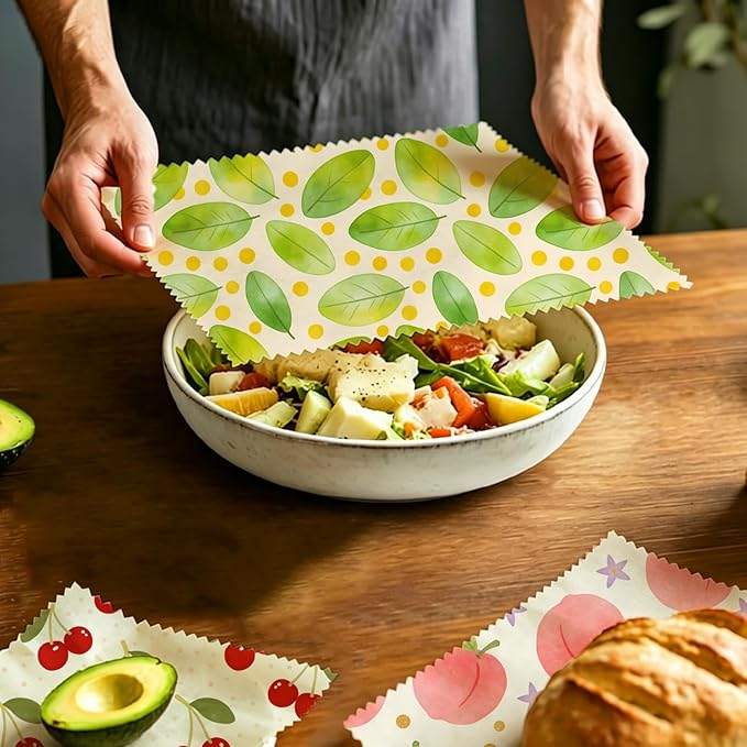 Reusable Beeswax Wraps, 9 Pack Eco-Friendly Food Storage, Organic, Sustainable, Zero Waste, Plastic-Free, For Sandwiches, Bread & Bowls, 1XL, 3M, 5S, Peach Cherry Leaves Patterns