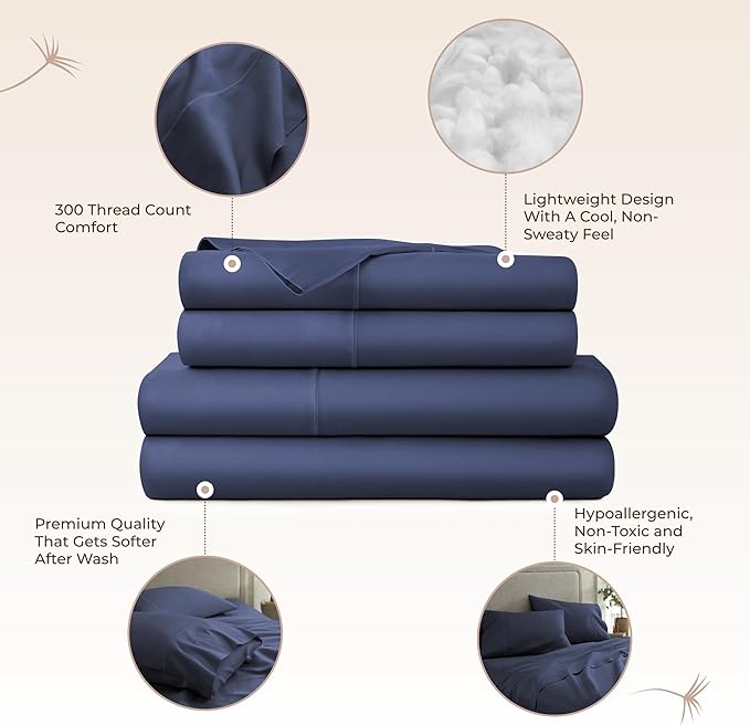 100% Organic Cotton Sheets Queen Size - GOTS Certified Organic Bed Sheets with Deep Pocket 300 Thread Count & Cozy Sateen Weave Gets Softer with Each Wash - Luxury 4 Piece Set (Navy, Queen)