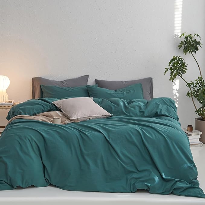 MooMee King Duvet Cover Set, 100% Washed Cotton Linen Like Twill Thick Sturdy Material Super Soft Breathable Durable Bedding for All Season, 3 Pieces (Green, King 104"x90")