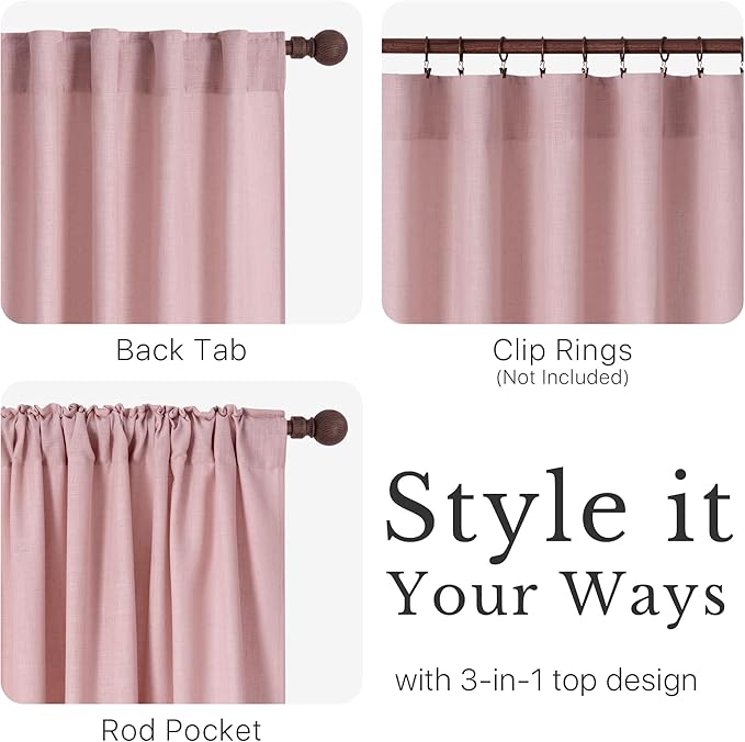NICETOWN Pink Linen Curtains 84 inch Long 2 Panels Set, 55" Wide Thick Flax Linen Blend Organic Home Decor Rod Pocket & Back Tab with Light Filtering for Bedroom/Living Room