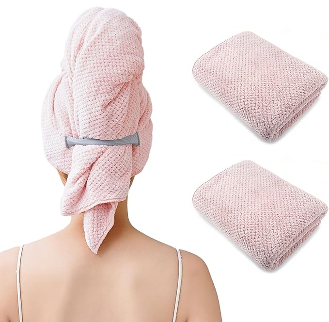 Microfiber Hair Wrap Towel for Women, Quick-Dry & Absorbent (2 Pack, Pink) | Absorbs water fast and reduces frizz, fits long and curly hair, soft, lightweight, secure elastic loop keeps wrap in place