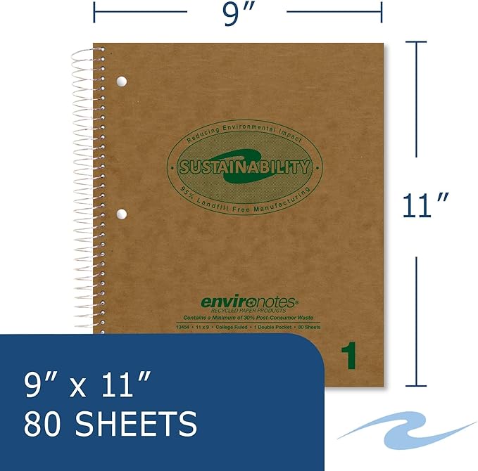 ROARING SPRING Environotes Recycled Spiral Notebook, College Ruled 1 Subject Notebook, 11" x 9", 80 Perforated Sheets, 20 lb Recycled Paper, Double Pocket, 3 Hole Punched, Made in USA
