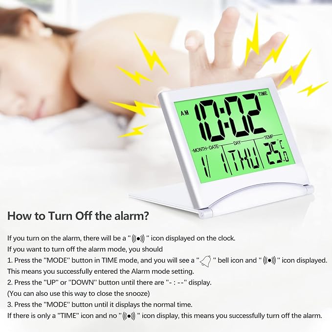 Betus Digital Travel Alarm Clock with Backlight - Foldable Calendar Temperature Timer LCD Clock with Snooze Mode - Large Number Display, Battery Operated - Compact Desk Clock