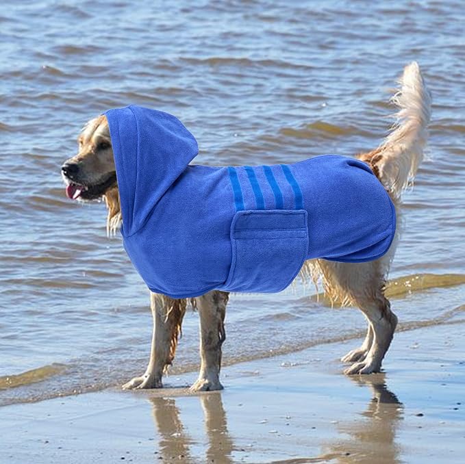 Geyecete Dog Drying Coat with Hood - Absorbent Robe Towel - Microfibre Fast Drying - Blue - XL