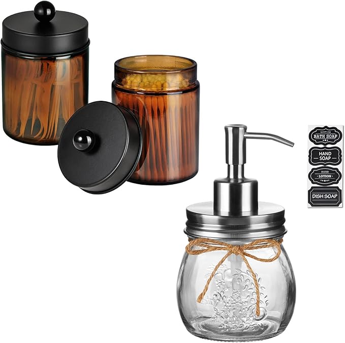 Amolliar 10 OZ Mason Jar Liquid Soap Dispenser, Stainless Steel Pump, Cute Farmhouse Decor for Kitchen, Refillable Hand Soap Dispenser, Silver 1 Pack With Amber Glass Qtip Holder, Apothecary Jar 2Pack
