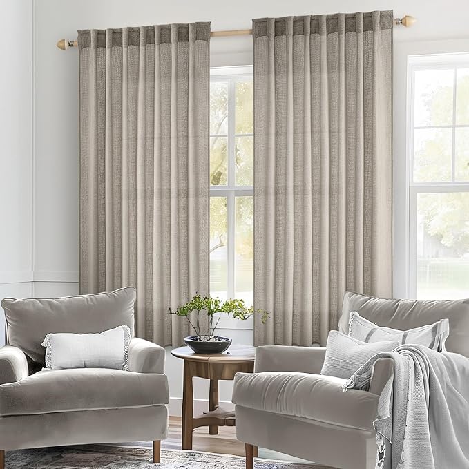MIULEE Burlywood Birch Linen Curtains 54 Inch Length 2 Panels for Bedroom Living Room, Soft Linen Textured Window Drapes Semi Sheer Light Filtering Back Tab Rod Pocket Farmhouse Burlap Look Decor