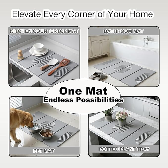 23.6"×15.7" Diatomaceous Earth Stone Dish Drying Mat, Foldable Super Absorbent Quick Dry Non-Slip Eco-Friendly Pad for Kitchen Counter, Dishes, Cups, Bottles & Utensils, Light Gray