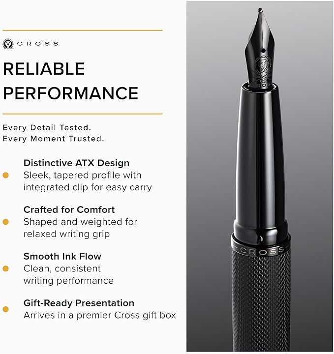 Cross ATX Brushed Black Stainless Steel Fine Nib Fountain Pen - Refillable Pen for Smooth Writing - Black Ink - Comfortable Grip - Long-Lasting - Professional Office Supplies