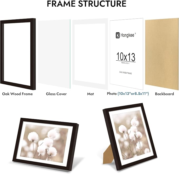 Hongkee 10x13 Oak Wood Picture Frame 1 Pack(Matted 8.5x11) Real Glass Cover | Black, 10 x 13 Solid Wood Frame for Wall or Tabletop Display - Includes Easel Back, Vertical Hang - Ideal for Home, Office