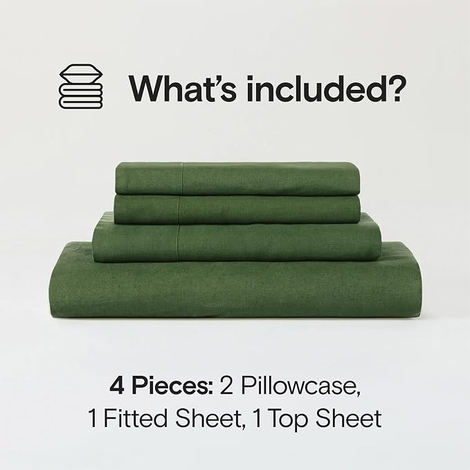 Sijo Stone Washed Organic French Linen Bed Sheet Set, GOTS Certified Organic, Best Cooling Linen Sheet Award by Sleep Foundation, 4 Piece - 2 Pillowcases, 1 Fitted and 1 Flat (Forest, Cal King)