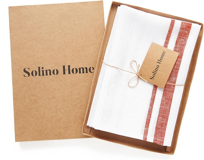 Solino Home Linen Dinner Napkins Set of 4-100% Pure Linen French Stripe Red and White Napkins 20 x 20 Inch for Summer, 4th of July