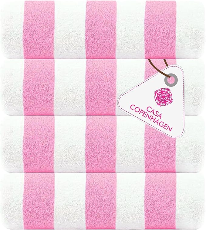 CASA COPENHAGEN Cabana Beach Towel Designed in Denmark Rough and Tough, Quick Dry, Beach, Pool, Bath & Shower 30x60 inches 4 Pieces Cotton Beach Bath Towels Set - Pink