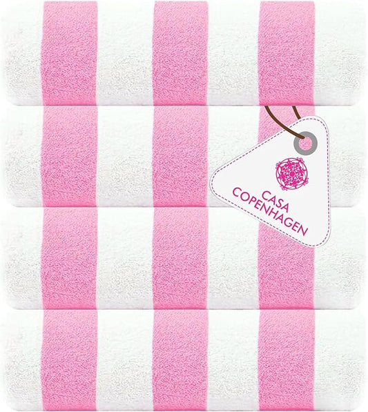 CASA COPENHAGEN Cabana Beach Towel Designed in Denmark Rough and Tough, Quick Dry, Beach, Pool, Bath & Shower 30x60 inches 4 Pieces Cotton Beach Bath Towels Set - Pink