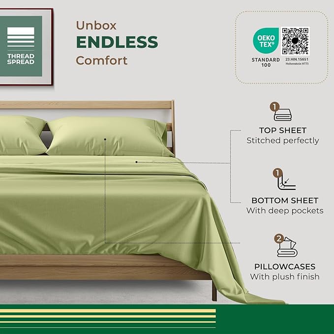 Thread Spread 100% Organic Cotton Sheets California King Size - 4 PC Organic Cotton Cal King Size Percale Weave Sheet Set, Soft, Cooling & Crisp, 16" Deep Pocket Hotel Quality Bedding Set - Sage Green
