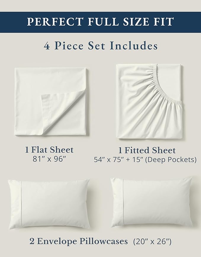 LANE LINEN 100% Organic Cotton Full Sheets Set 4-Piece Pure Percale Long Staple Soft Bedding Breathable Fits Mattress Upto 15" Deep - Glacier Grey