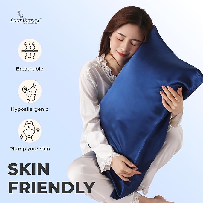 100% Pure Mulberry Silk Pillowcase for Hair and Skin, 6A Grade 22 Momme Silk Pillow Cases with Zipper, Soft Cooling Washable Both Sided Silk Pillow Cover (Navy Blue, Standard 20''x26’’)