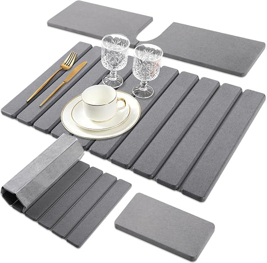 Diatomaceous Stone Drying Mat for Kitchen Counter with Sink Faucet Mat, Gray Absorbent Quick Dry Dish Drying Mat Set, Diatomite Stone Slat Countertop Pad for Dishes, Cups