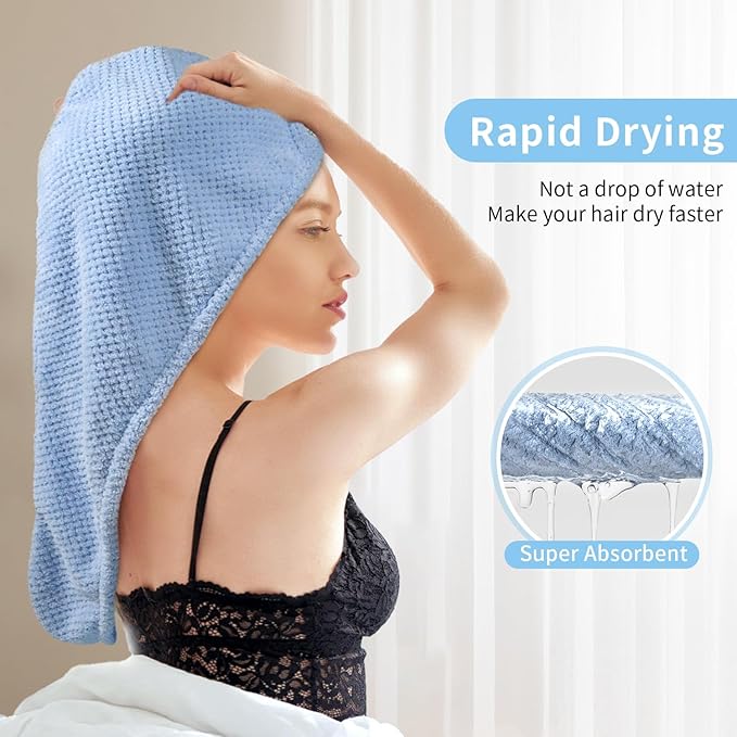my novel things 3 Pack Microfiber Hair Towel Wrap for Women 25.4"x9.8", Super Absorbent Hair Towel Wrap, Quick Dry Hair Towels with Button for Curly Hair Anti Frizz (Blue,Green,Gray)