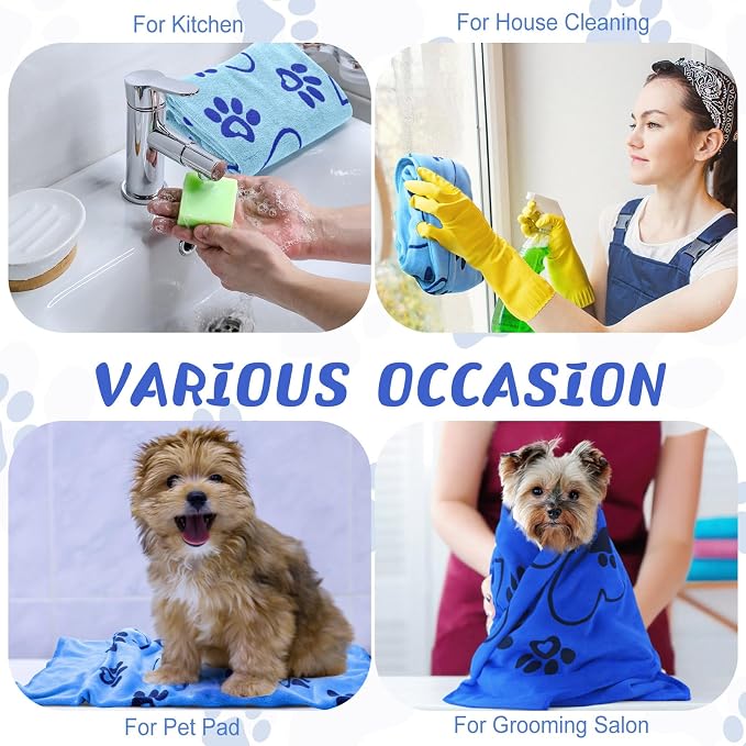 Fanfanwin 4 Pcs Dog Bath Towels Microfiber Drying Dog Towel Absorbent Pet Heart Paw Towels for Medium Dogs Puppy Cats Pets Shower(Blue)