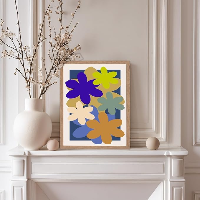 Monem Art Colorful Abstract Floral Shapes Print - Modern Minimalist Flower Art Poster - Wall Decor for Living Room, Bedroom or Office - 8x10 Beige Framed Wall Art by Rs Lab Studio