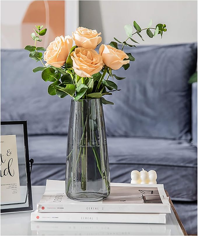 FANTESTICRYAN Modern Glass Vase Crystal Clear Glass Vase for Home Office Decor (Crystal Grey)