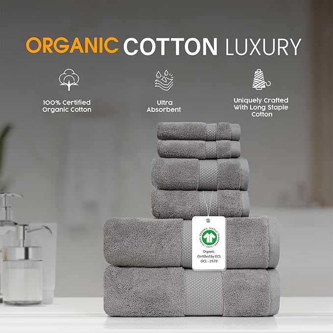 Farm to Home 100% Organic Bath Towel Set of 6 – GOTS & Oeko-TEX Certified Organic Cotton, Soft, Ultra Absorbent, Quick Dry - Includes 2 Bath Towels, 2 Hand Towels, 2 Washcloths - Stone
