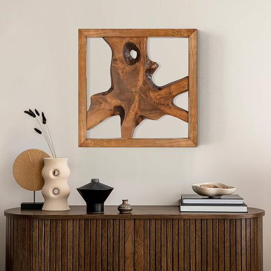 JOLLYMER Teak Wood Wall Decor, Rustic Wooden Wall Art, Handcrafted Home Decoration for Living Room Bedroom Office, 17"x17" Natural Frame