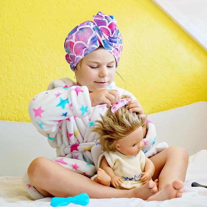 MADHOLLY Fast Drying Microfiber Hair Towel for Kids Women - 2 Packs Soft Super Absorbent Hair Towel Wrap with Button, Anti-Frizz Turban for Thicker Curly Long Hair, Mermaid Gift for Girls