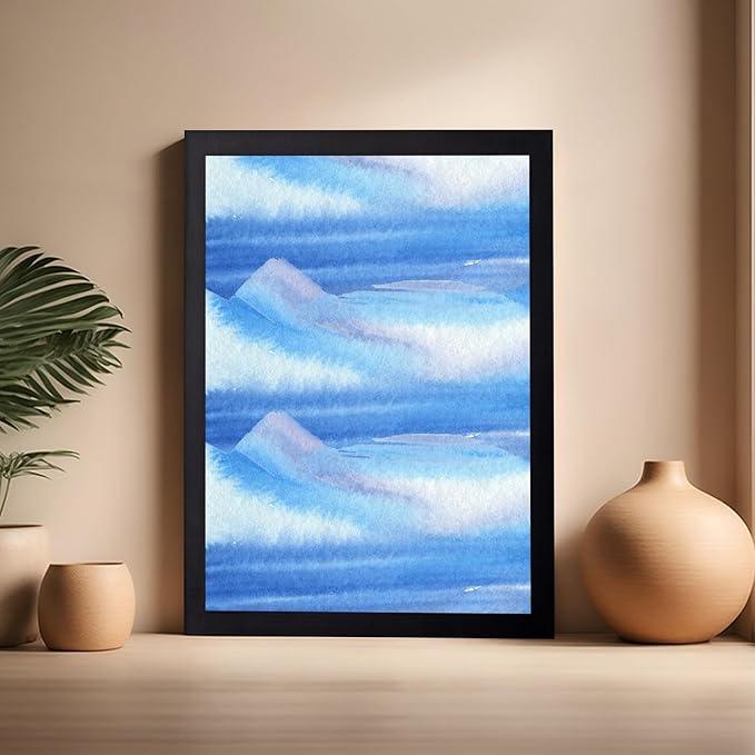 Monem Art Blue Watercolor Abstract Landscape Print - Minimalist Ocean Horizon Art Poster - Wall Decor for Living Room, Bedroom or Office - 16x20 Black Framed Wall Art by Rs Lab Studio